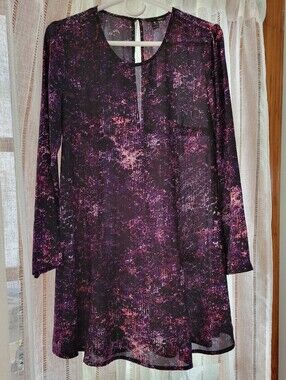 Aqua Black and Purple Abstract Print Long-Sleeve Sheer Shift Dress